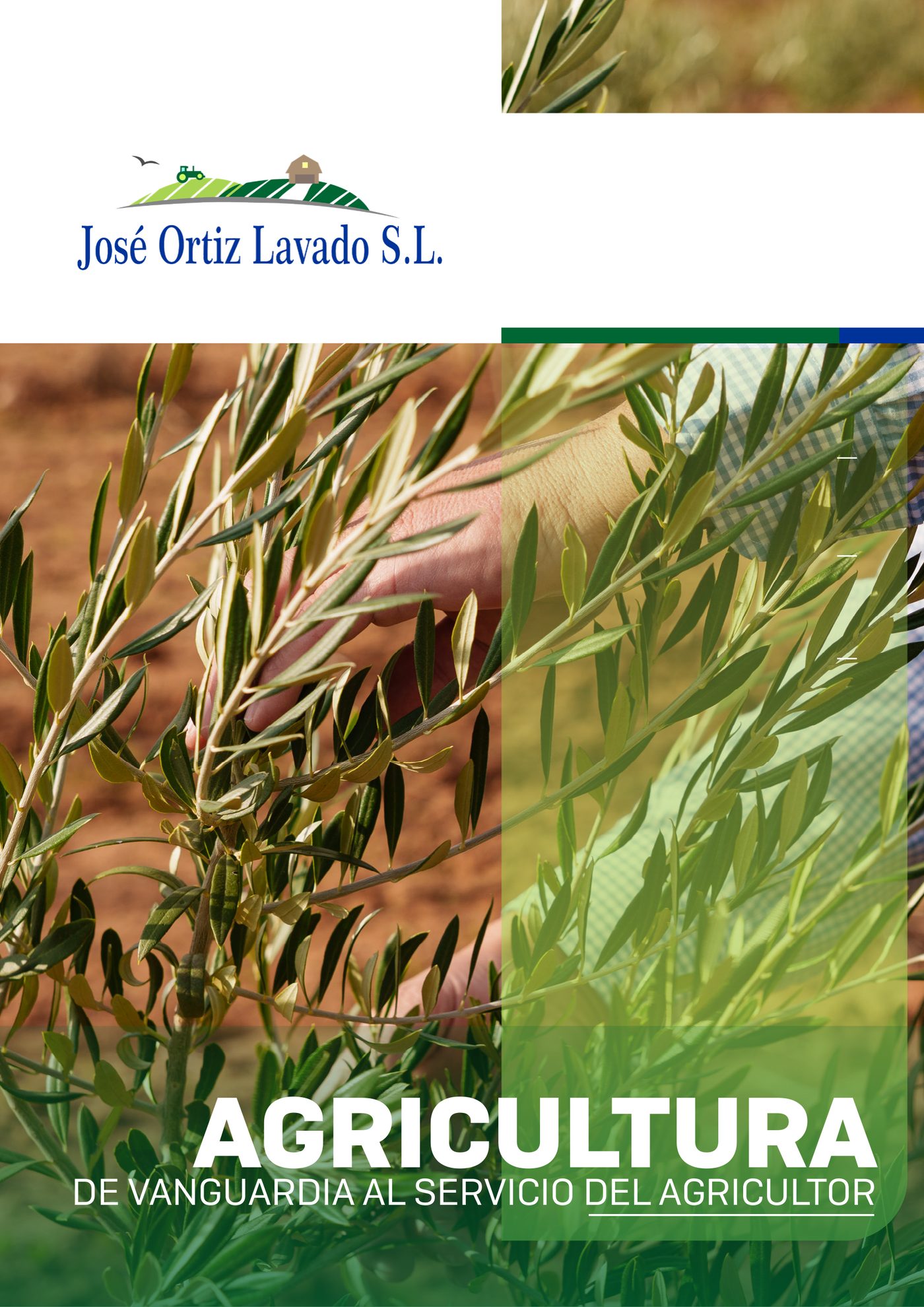 Portada del catálogo 2026 de José Ortiz Lavado S.L.: una mano revisa una rama de olivo joven, con el título «Agricultura de vanguardia al servicio del agricultor».