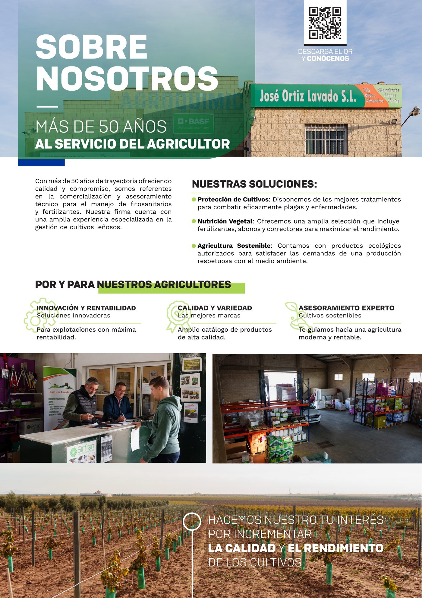 Página «Sobre nosotros» del catálogo: más de 50 años al servicio del agricultor, con las tres líneas de solución y tres bloques sobre innovación, calidad y asesoramiento.