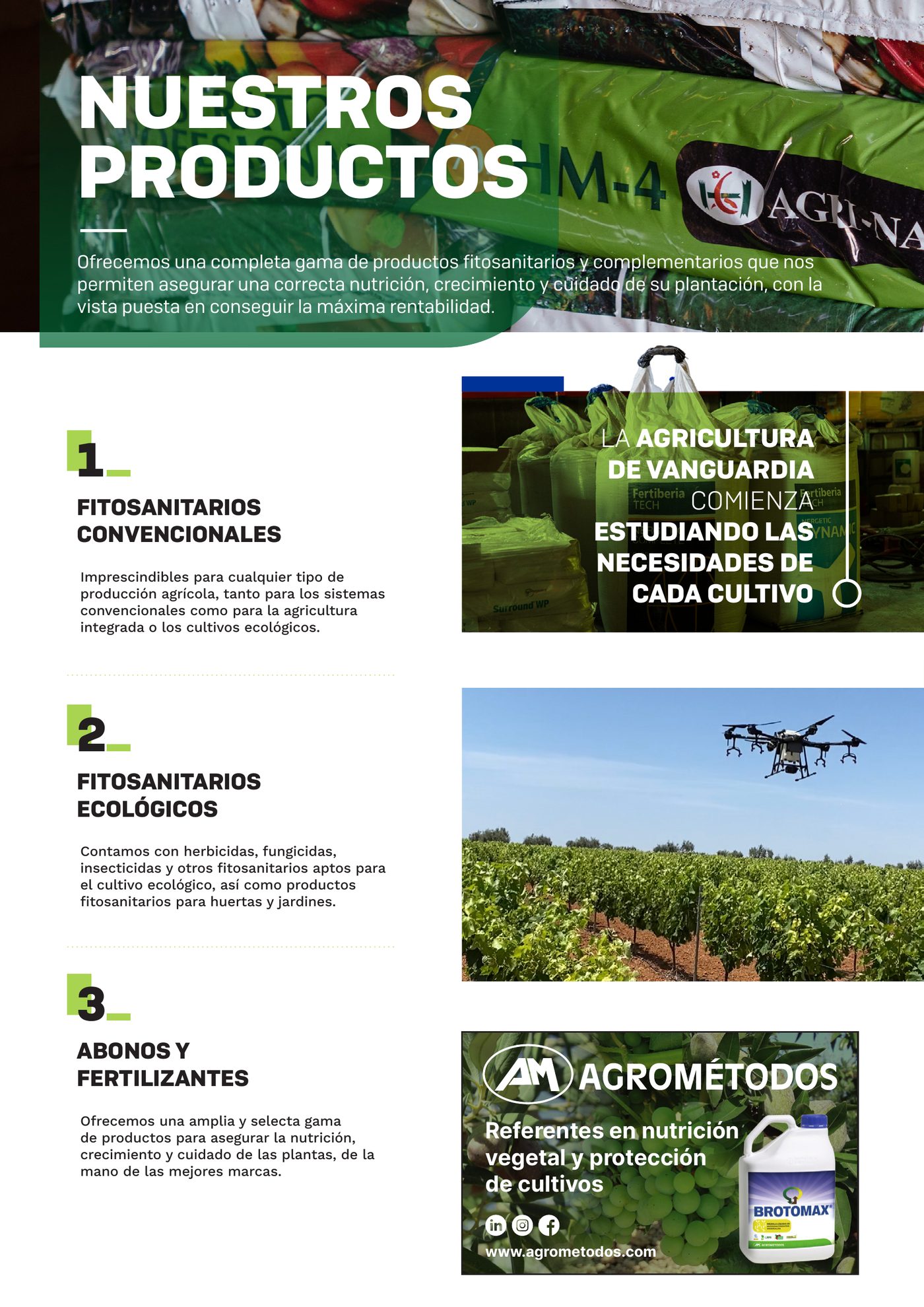Página «Nuestros productos» del catálogo, con las familias 1 fitosanitarios convencionales, 2 fitosanitarios ecológicos y 3 abonos y fertilizantes.
