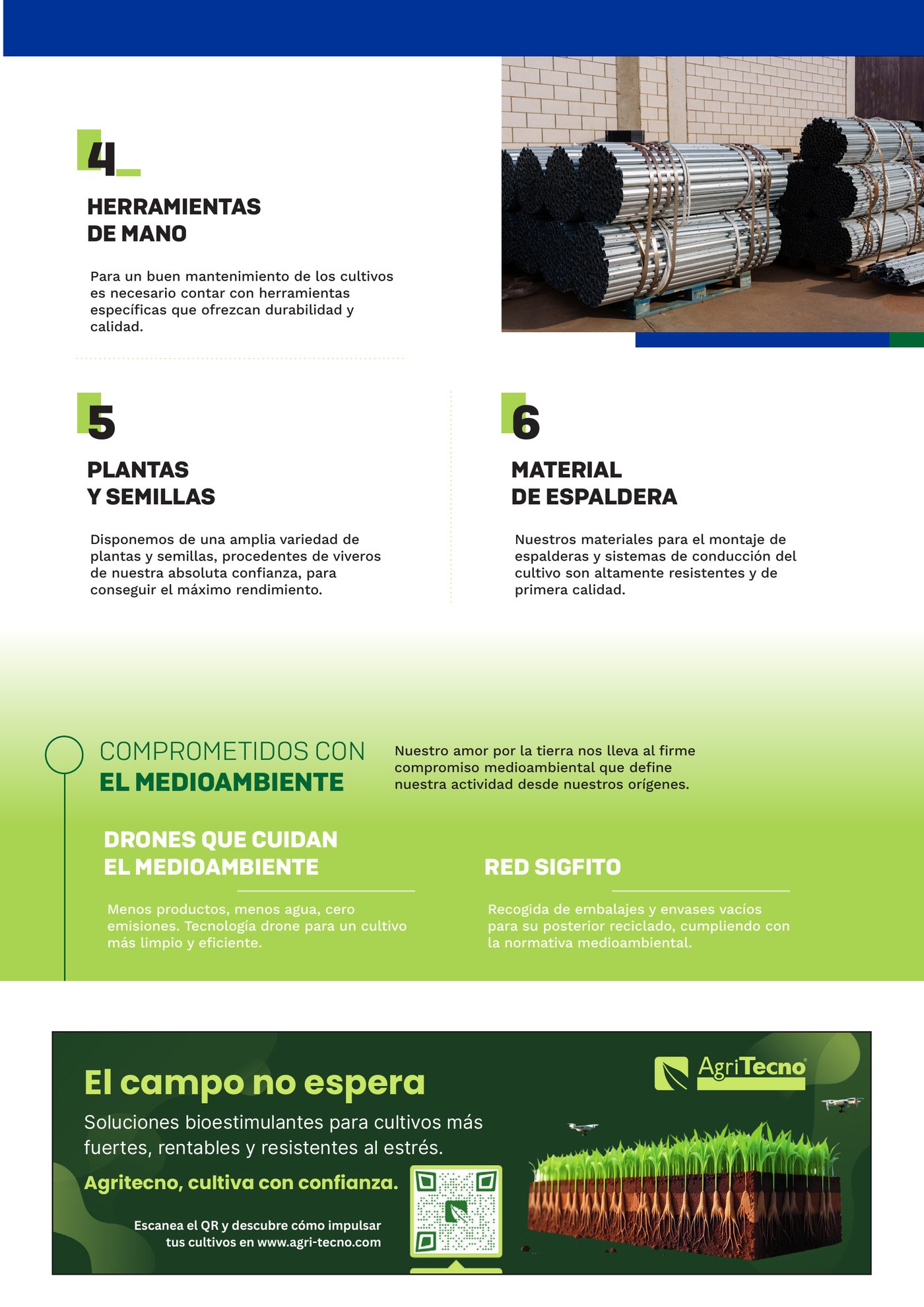 Página del catálogo con las familias 4 herramientas de mano, 5 plantas y semillas y 6 material de espaldera, y un bloque sobre el compromiso medioambiental.