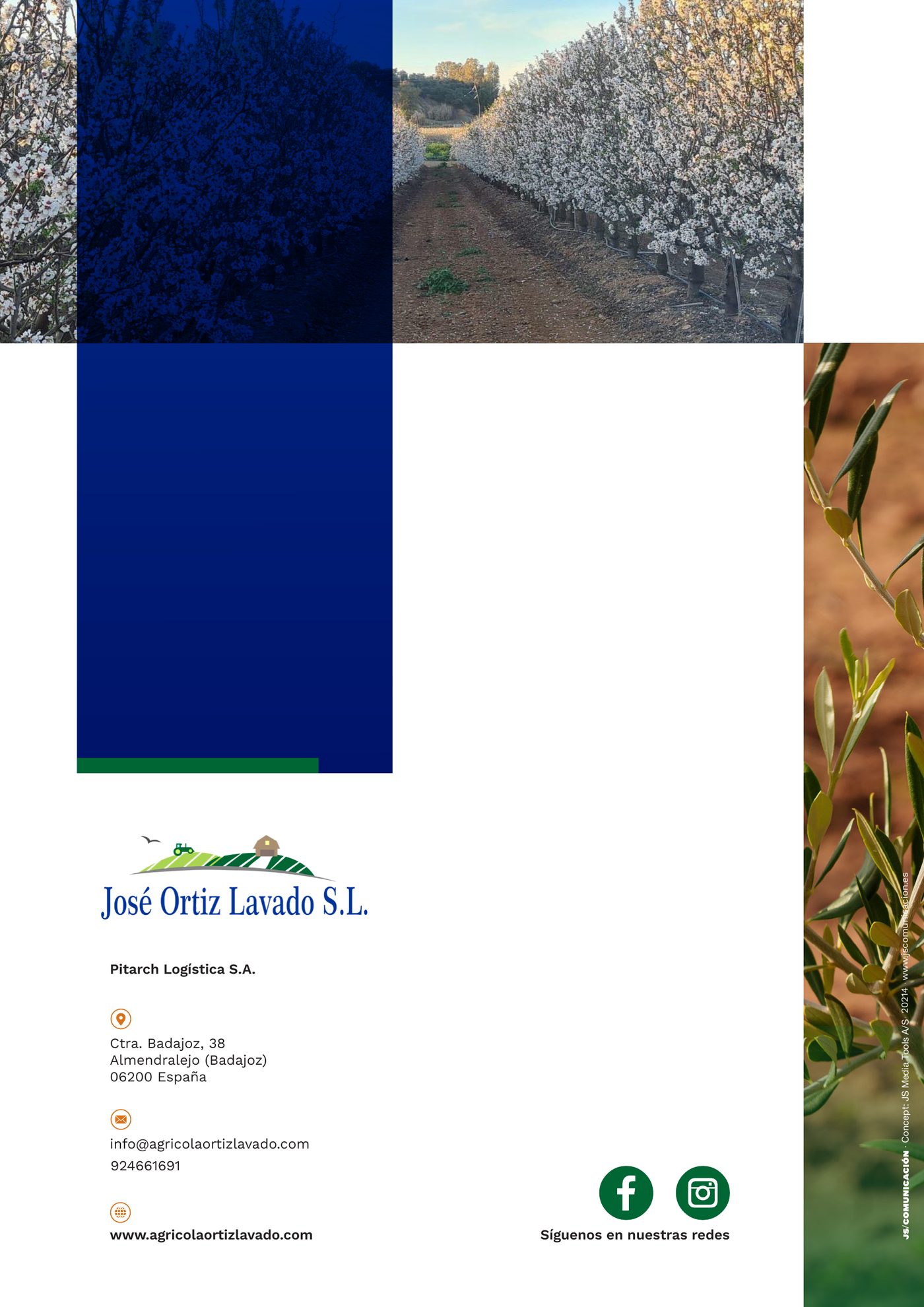 Contraportada del catálogo, con el logotipo de José Ortiz Lavado S.L., los datos de contacto de Almendralejo y los iconos de las redes sociales, sobre fotografías de almendro en flor.