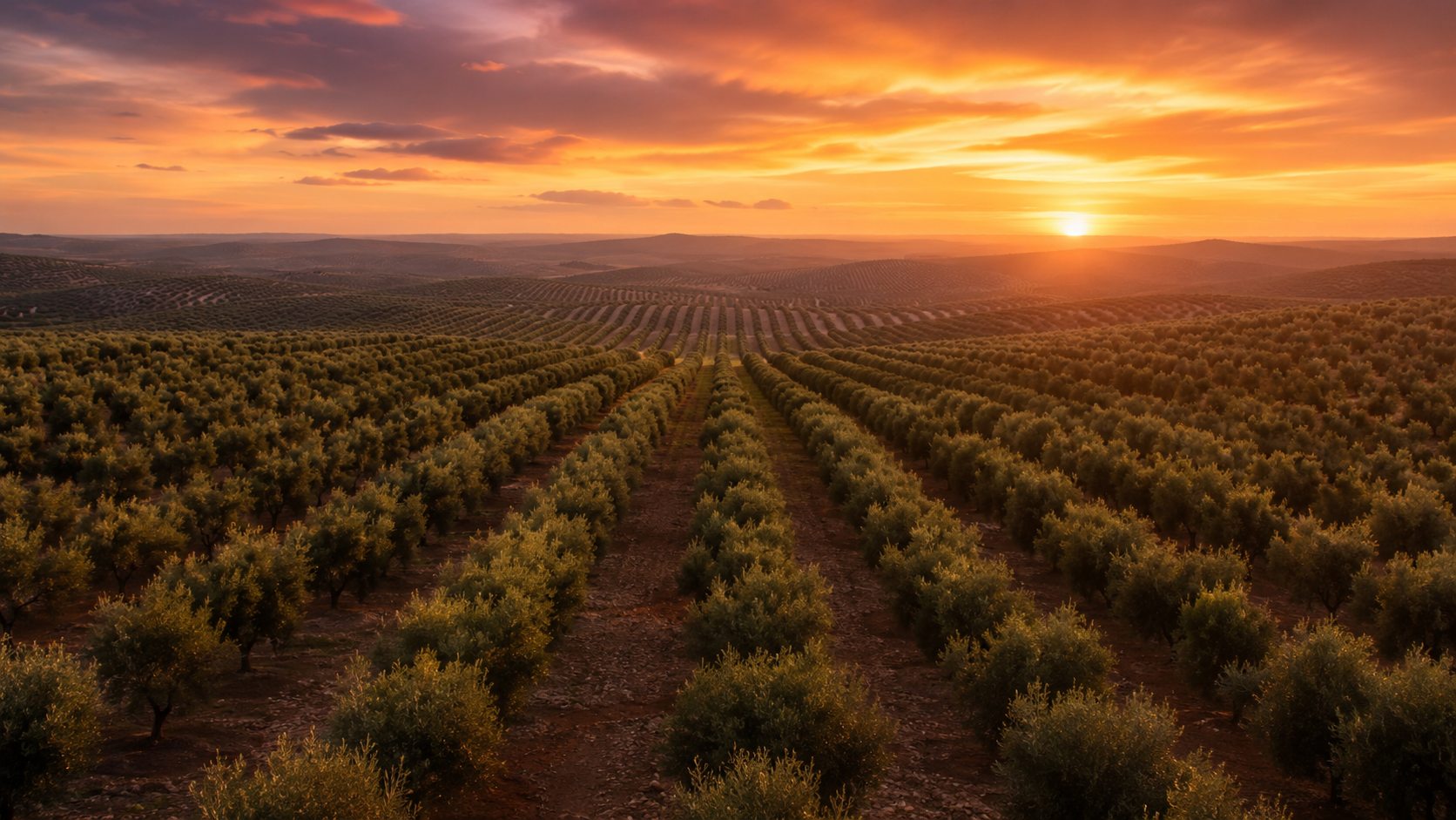 Olival plantado em linhas ao anoitecer, com o sol no horizonte